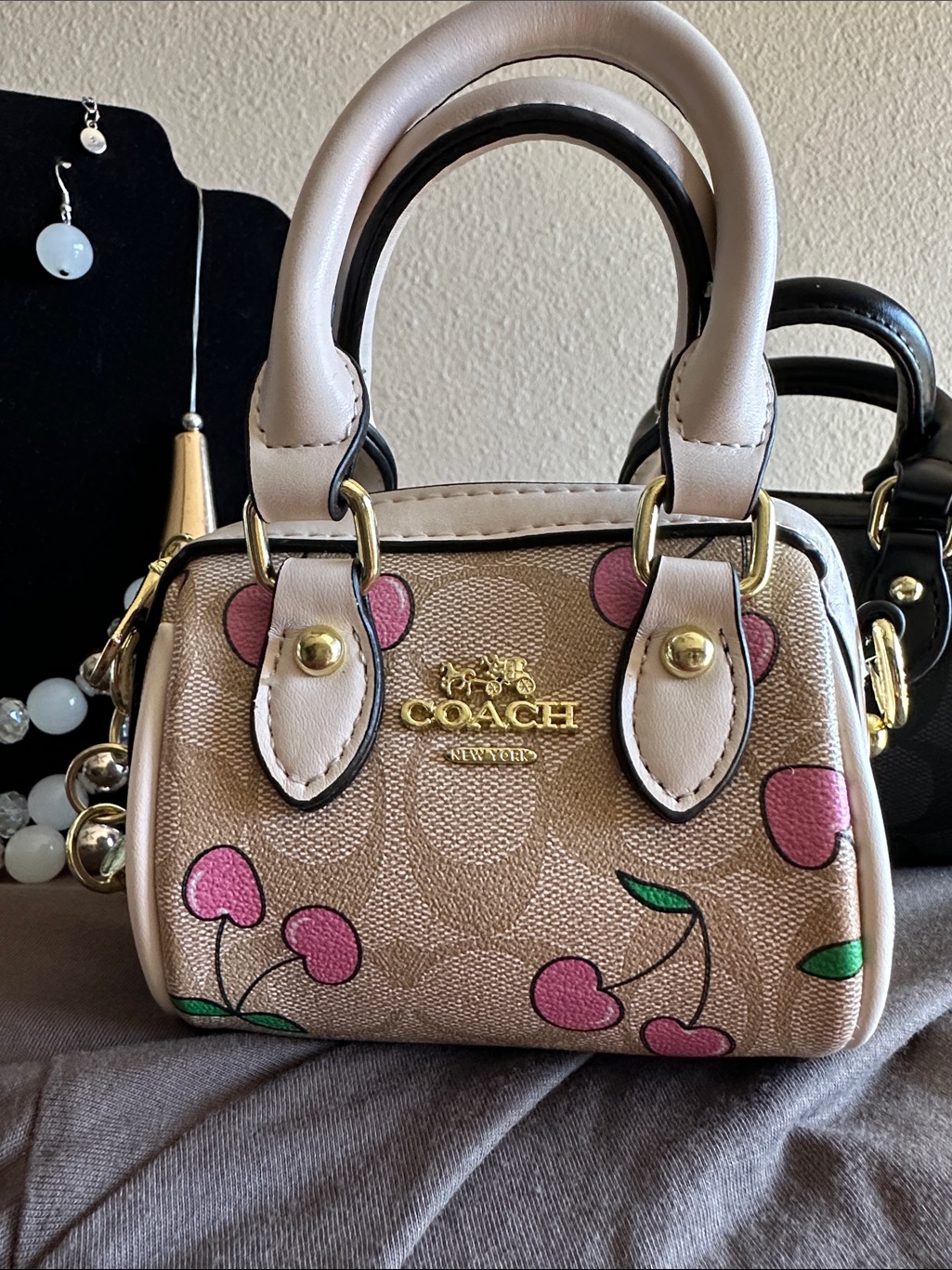 Coach Beige Mini Satchel With Pink Cherry Motif